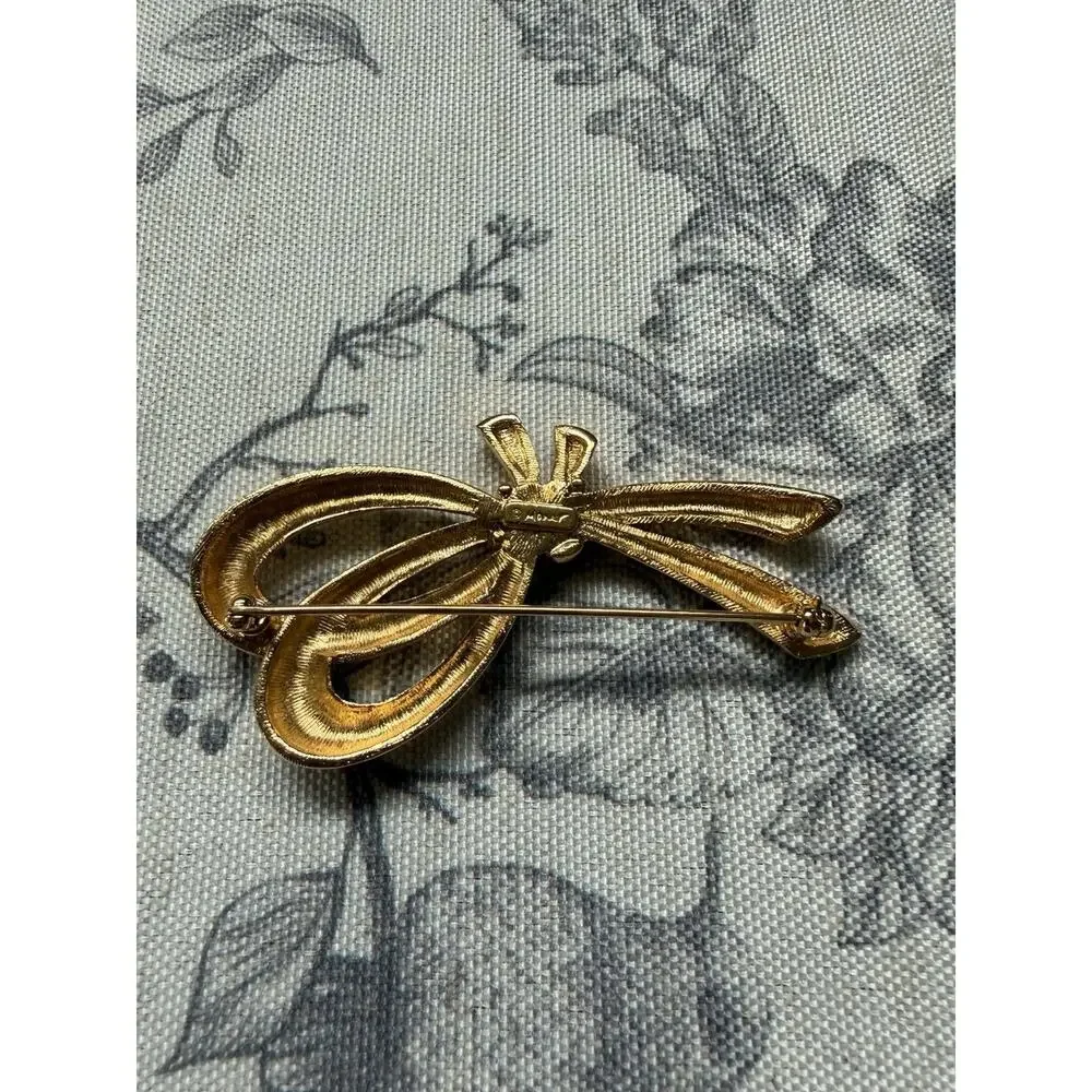 Vintage 70s Monet Brooch Ribbon Bow Brushed Gold Tone Metal Pin Signed 2.75”